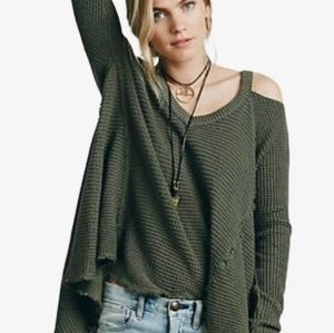 Free People Moonshine Pullover Sweater Small Cold Shoulder Waffle Green Boho
